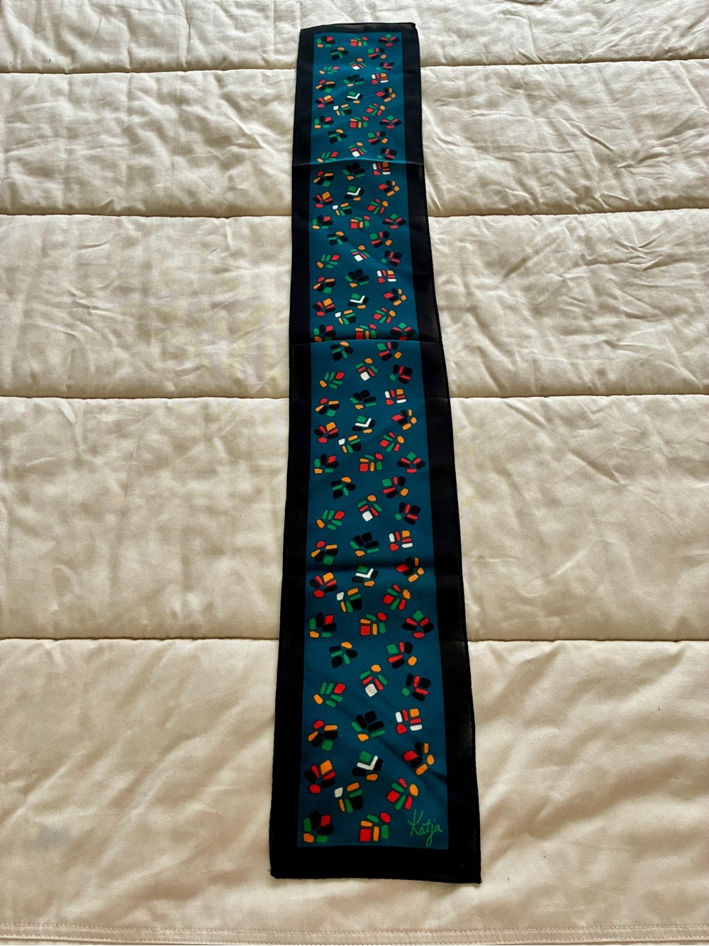 Vintage Katja Sheer Multicolor Abstract Print Scarf Black Teal 5.5” x 34.5” - Picture 4 of 6